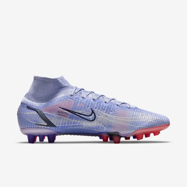 Botas de fútbol Nike Mercurial Superfly 8 Elite KM AG Artificial-Grass Mujer Indigo Rojas Claro Metal Plateadas | NK360IDT