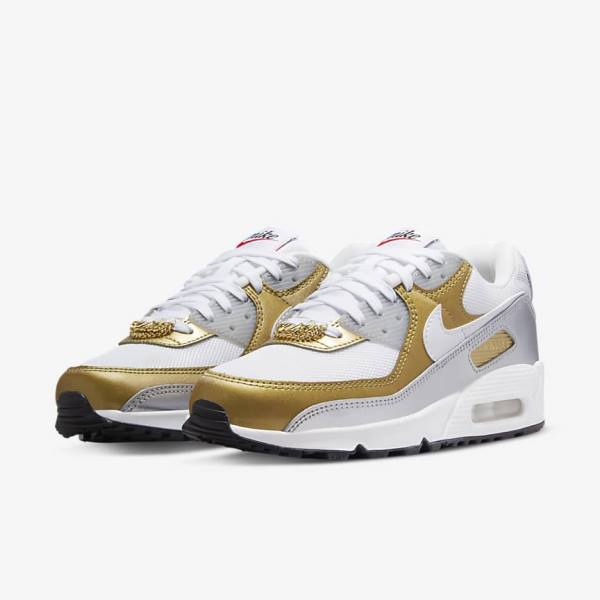 Zapatillas Nike Air Max 90 SE Mujer Blancas Metal Doradas Metal Plateadas Blancas | NK910WUD